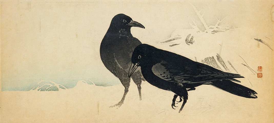 Két varjú a havas tájban